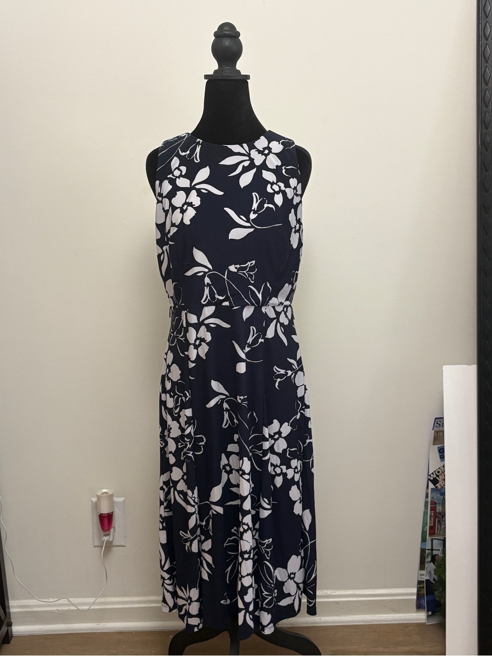 Anne Klein Navy and White Floral Maxi Dress
